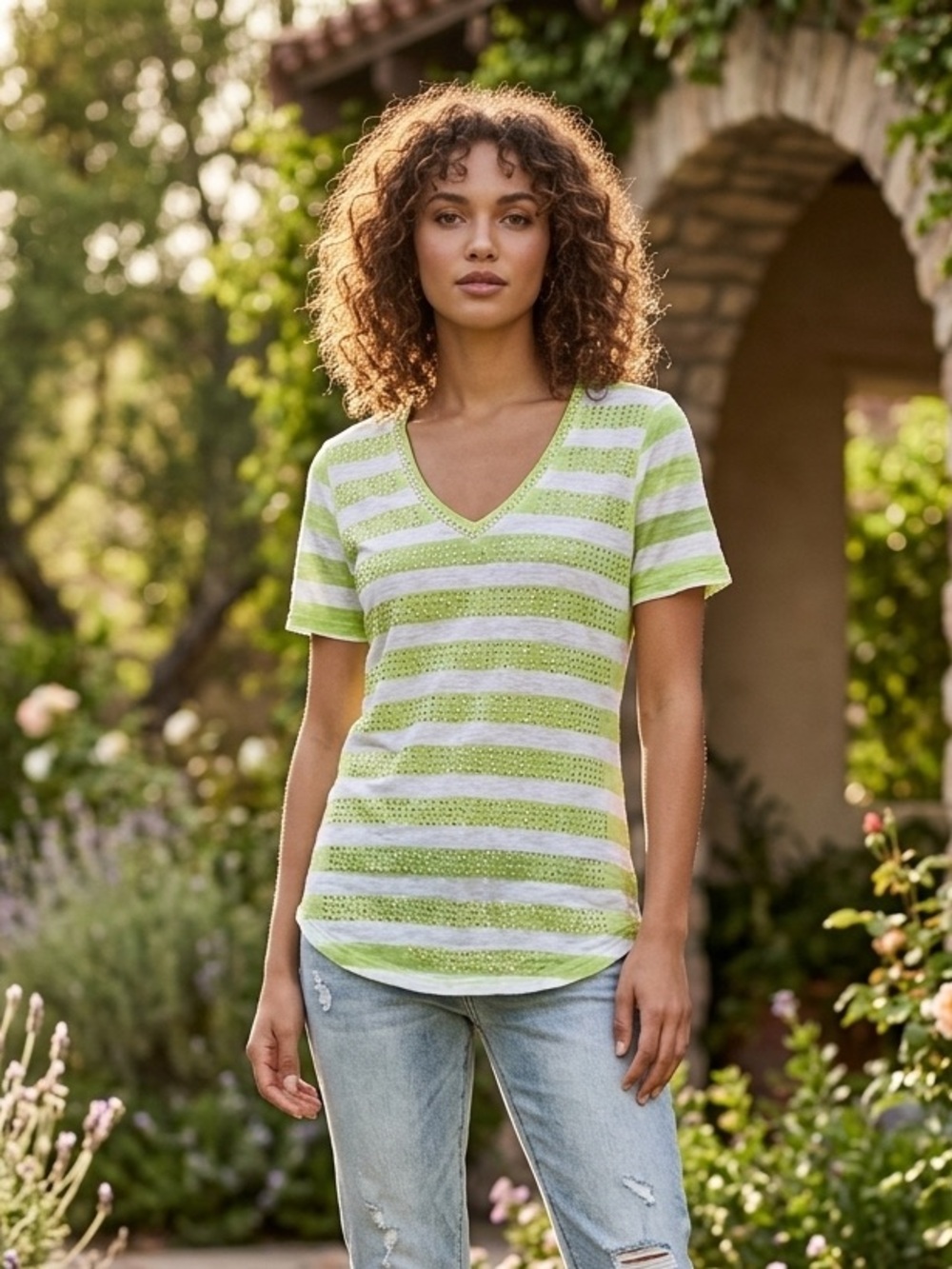 David Cline Light Green and White Striped V-Neck Tee with Rhinestone Details